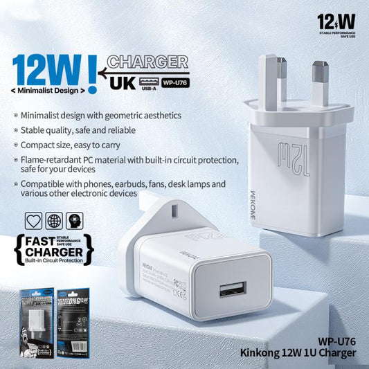 WK WP-U76 Kinkong 12W USB Charger, UK Plug, US Plug, EU Plug