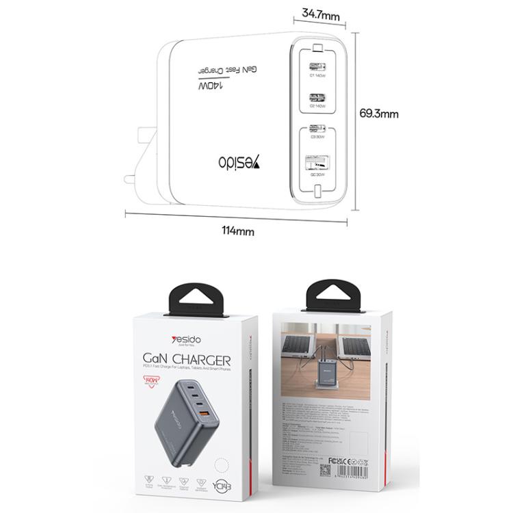 Yesido YC143 140W 4 Ports GaN Fast Charging Charger, 3 x USB-C / Type-C, 1 x USB-A
