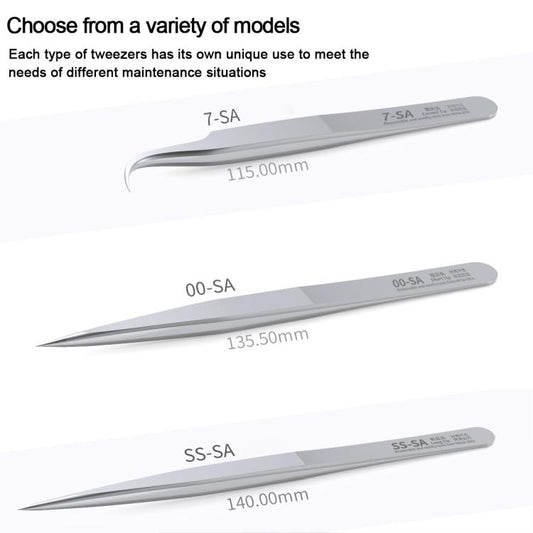 MEGA-IEDA High Hard Non-magnetic Stainless Steel Repair Tweezers, Long Tip, Short Tip, Curved Tip