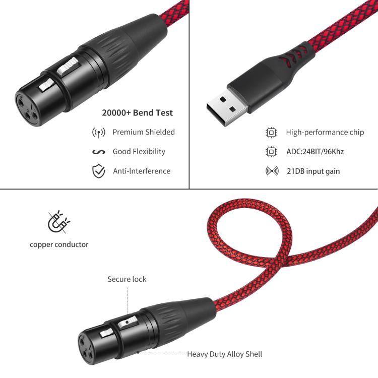 USB-A to XLR Female Audio Recording Cable for Dynamic Microphone, 1m, 2m, 3m