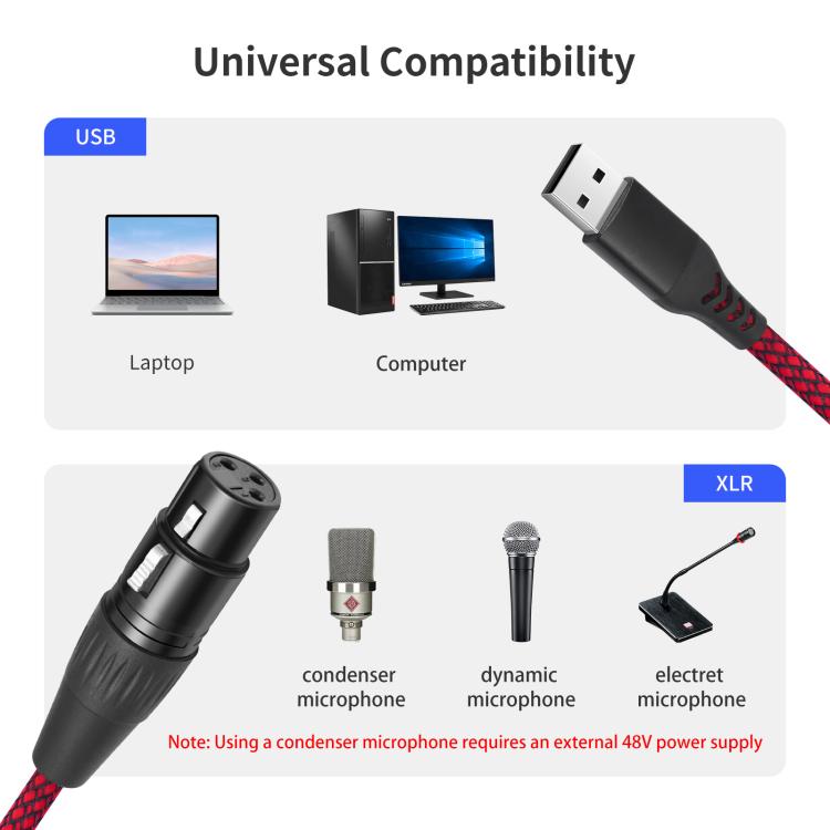 USB-A to XLR Female Audio Recording Cable for Dynamic Microphone, 1m, 2m, 3m