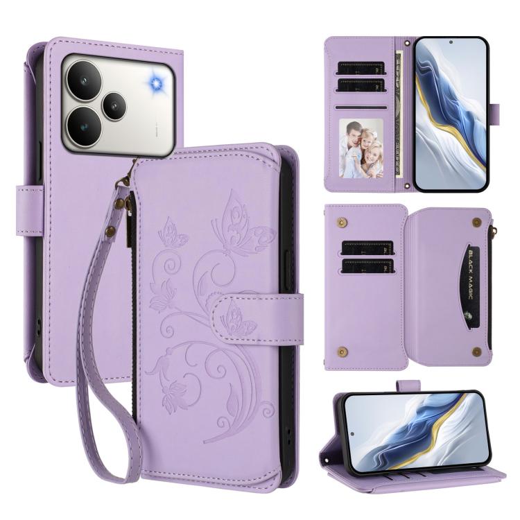 Butterfly Love Flower Multi-card Zipper Wallet Leather Phone Case, For Realme P4x 5G / OnePlus Nord CE6 Lite, For Realme 16T 5G Global, For Realme C100 / C85 5G Global / 15X 5G, For Realme P4 Power 4G, For Realme Note 80 4G Global, For Realme 16 5G Glo...