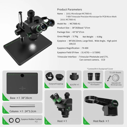2uul MC7060-A1 7-60X Synchronous Zoom Trinocular Microscope