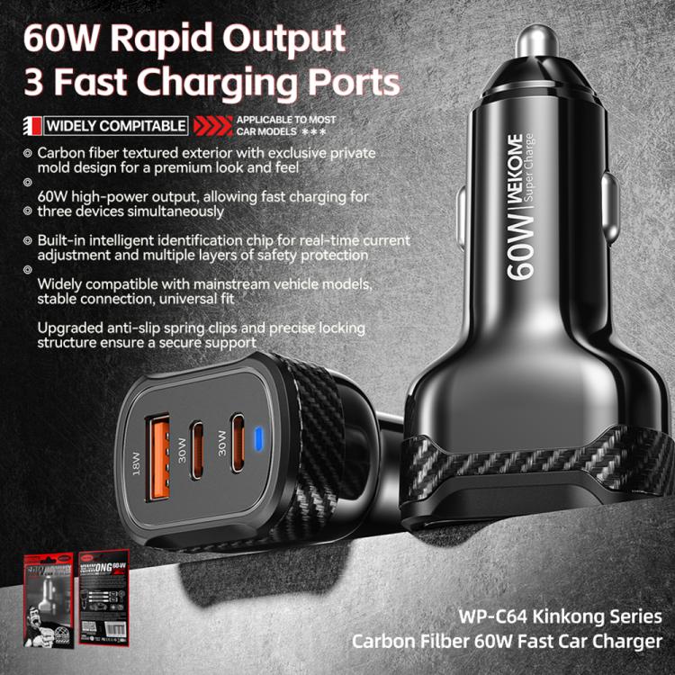 WK WP-C64 Carbon Fiber 60W Fast Car Charging Charger, WP-C64