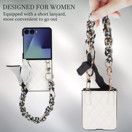 Rhombic Leather Phone Case with Scarf / Bracelet, For Samsung Galaxy Z Flip7 5G