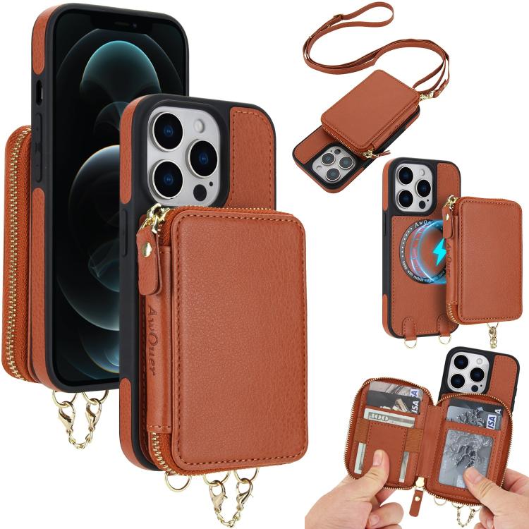 AwQuer 2 in 1 Crossbody Zipper Wallet Leather Back Phone Case, For iPhone 14 Plus, For iPhone 14 / 13, For iPhone 14 Pro, For iPhone 14 Pro Max, For iPhone 13 Pro Max, For iPhone 13 Pro, For iPhone 12 / 12 Pro, For iPhone 12 Pro Max