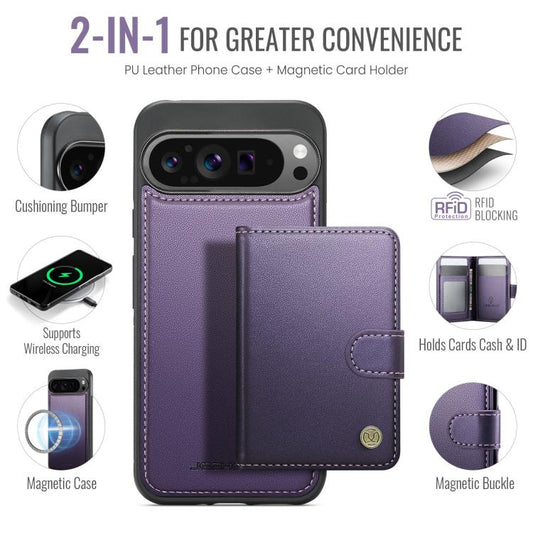 JEEHOOD J09 Buckle Card Bag MagSafe Magnetic Style RFID Leather Phone Case, For Google Pixel 11 Pro XL, For Google Pixel 11 / 11 Pro, For Google Pixel 10a, For Google Pixel 9 Pro XL, For Google Pixel 9 / 9 Pro