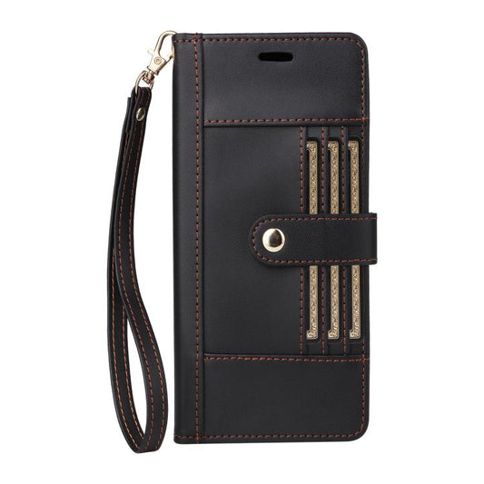 Six Card Slots Buckle Leather Phone Case with Lanyard