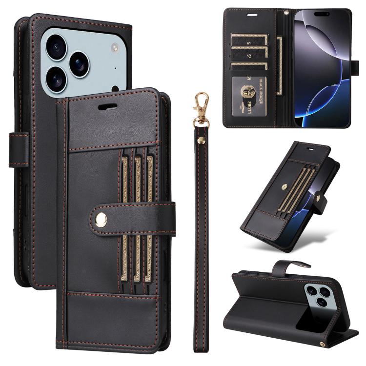 Six Card Slots Buckle Leather Phone Case with Lanyard, For iPhone 17 Pro Max, For iPhone 17 Pro, For iPhone 17, For iPhone 17 Air