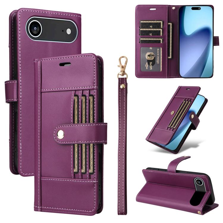 Six Card Slots Buckle Leather Phone Case with Lanyard, For iPhone 17 Pro Max, For iPhone 17 Pro, For iPhone 17, For iPhone 17 Air