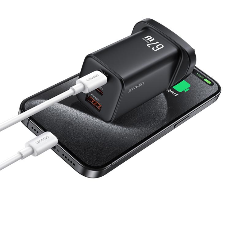 USAMS CC279 67W GaN USB and Dual Type-C Three-Port Fast Charger, UK Plug