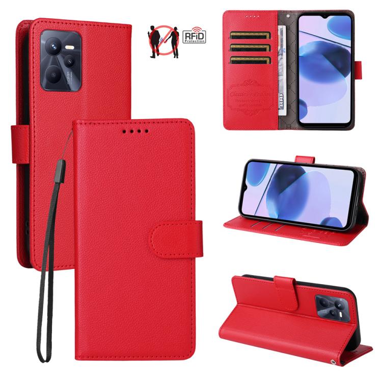 Litchi Texture RFID Blocking 3-Card Wallet Leather Phone Case, For Realme C55, For Realme C35 / Narzo 50A Prime