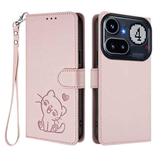 Embossed Heart Cat Leather Phone Case with Hand Strap, For Nothing Phone 4a Pro, For Nothing Phone 4a, For Nothing Phone 3, For Nothing CMF Phone 2 Pro, For Nothing Phone 3a, For Nothing Phone 3a Pro, For Nothing CMF Phone 1, For Nothing Phone 2a