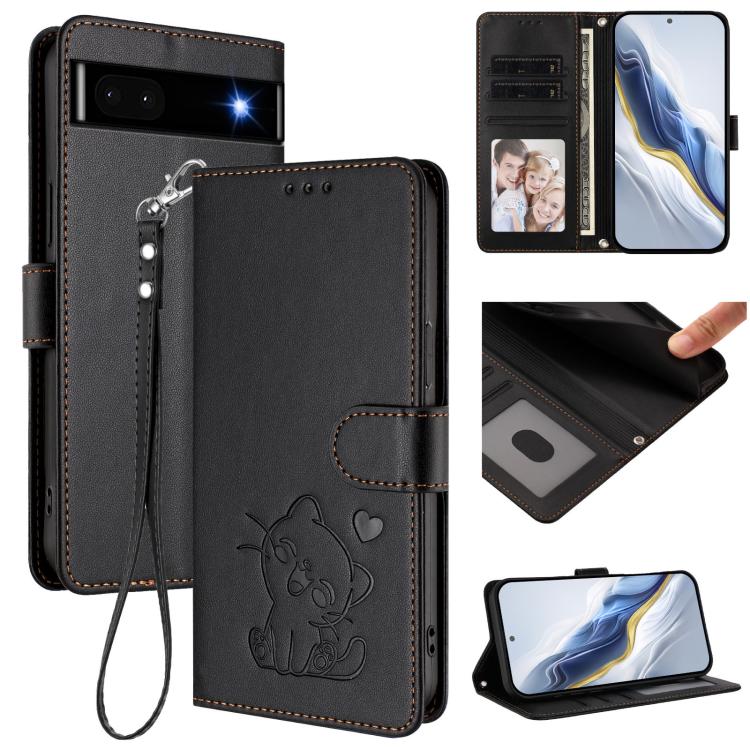 Embossed Heart Cat Leather Phone Case with Hand Strap, For Google Pixel 7 Pro, For Google Pixel 7, For Google Pixel 6a
