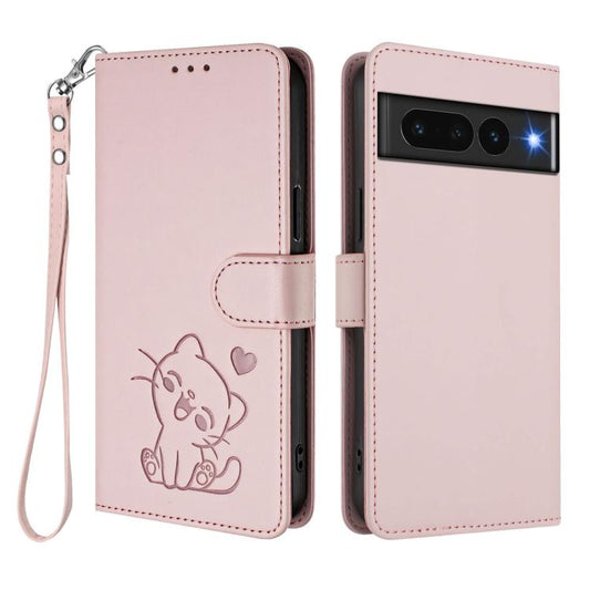 Embossed Heart Cat Leather Phone Case with Hand Strap, For Google Pixel 7 Pro, For Google Pixel 7, For Google Pixel 6a