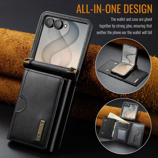 DG.MING M6 Series RFID Tri-fold Card Bag Removable Leather Phone Case with Long Lanyard, For Galaxy Z Flip8 5G, For Samsung Galaxy Z Flip7 FE / Flip6, For Samsung Galaxy Z Flip7 5G