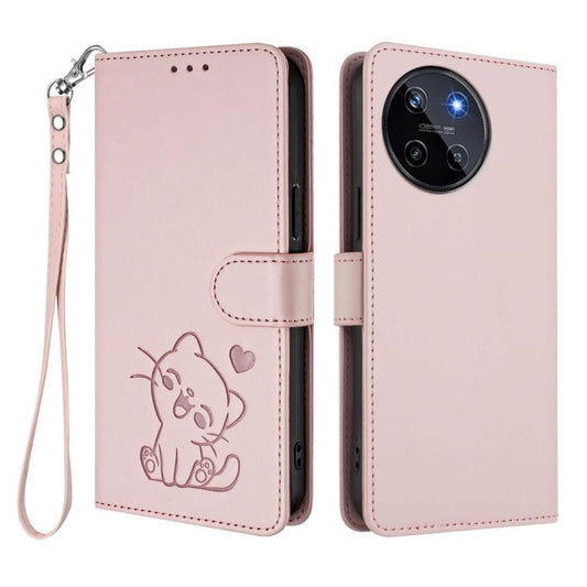 Embossed Heart Cat Leather Phone Case with Hand Strap, For Realme 11 4G Global, For Realme GT5 240W / GT5 5G, For Realme Narzo 60 Pro, For Realme C65 4G Global, For Realme C55 4G Global / Narzo N55, For Realme C33 2023 / 2022, For Realme 10T 5G / 10S 5...