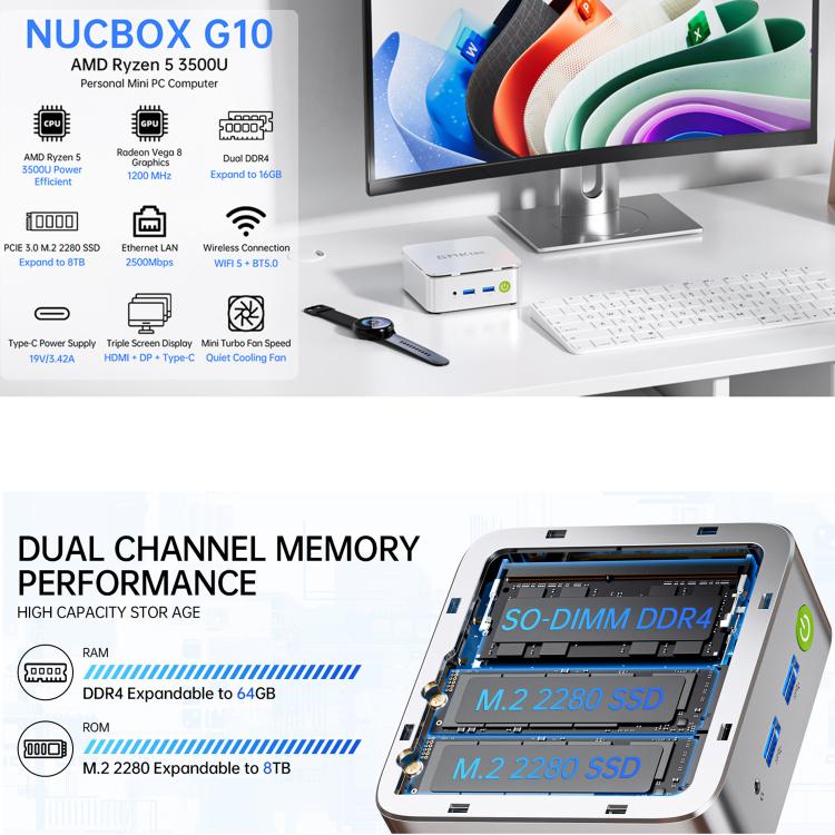 GMKtec NucBox G10 Mini PC, AMD Ryzen 5 3500U, Windows 11 Pro, WiFi, BT, HDTV, DisplayPort