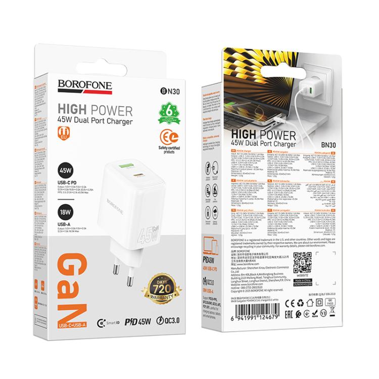Borofone BN30 Fuente PD45W Type-C + QC3.0 USB Charger, EU Plug