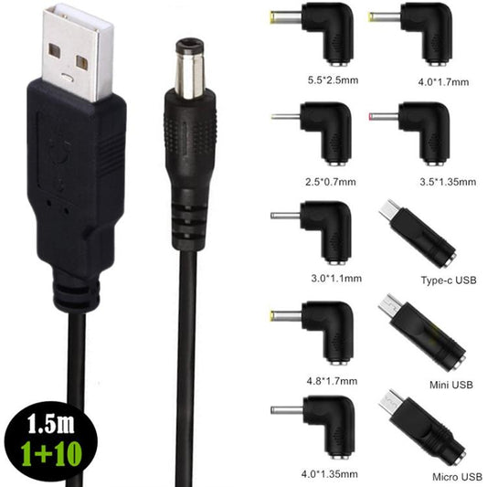 1.5m USB to DC5.5x2.1mm Male Power Cord with 10pcs Converter