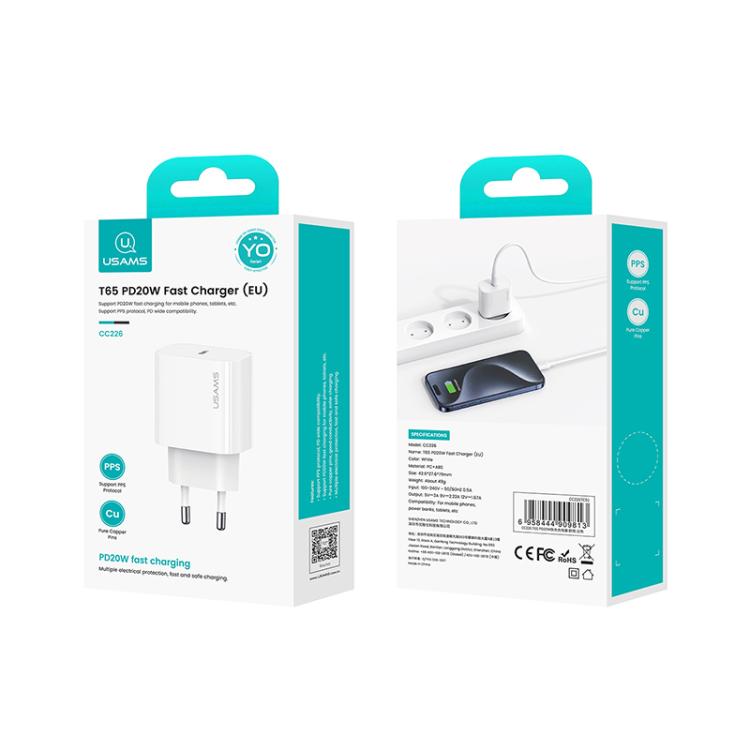 USAMS CC226 T65 PD20W USB-C / Type-C Single Port Fast Charger, EU Plug