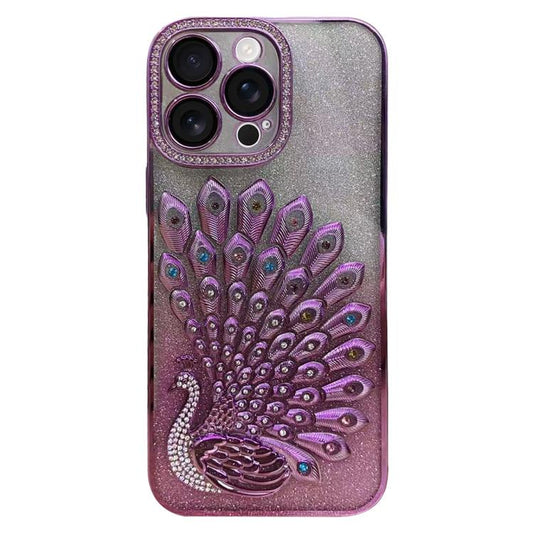 Electroplated TPU Peacock Relief Rhinestone Glitter Phone Case with Lens Film