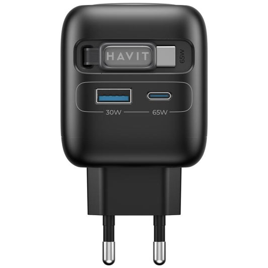 Havit UC252 65W 3 in 1 GaN Travel Charger with Type-C Retractable Cable, UC252(EU Plug), UC252(US Plug)