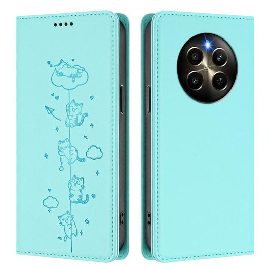 Cute Cats Embossed Magnetic RFID Vegan Leather Phone Case, For Realme 12 Pro 5G / 12 Pro+ 5G Global, For Realme C53 / C51 4G Global, For Realme 11 5G Global / C67 5G India, For Realme 11 4G Global, For Realme GT5 240W / GT5, For Realme Narzo 60 Pro Glo...