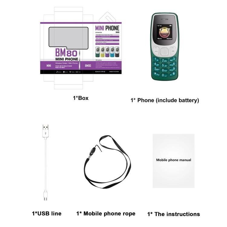 BM80 2G Mini Mobile Phone, 0.85 inch Hands Free Bluetooth Dialer Headphone, Voice Change, MP3 Music, Dual SIM, Network: 2G