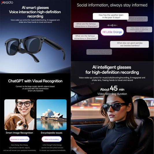 Yesido IO42 Lunettes intelligentes étanches IP67 avec caméra HD, prise en charge multilingue, suppression du bruit à double micro, ergonomiques, IO42