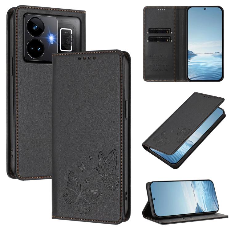 Strong Magnetic Dual Butterfly RFID Vegan Leather Phone Case, For Realme GT3 / GT Neo 5 240W