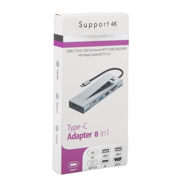 8 in 1 HUB USB-C to M.2 SSD Enclosure + HDTV + USB 3.2 + USB 2.0 + PD + SD/TF Card Reader, 8 in 1 with USB 3.2 + USB 2.0