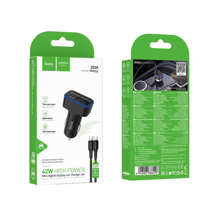 hoco Z63A Barry 42W USB-A x 2 and Type-C Digital Display Car Charger with 1m Type-C to Type-C Cable, USB-A x 2 and Type-C with Cable