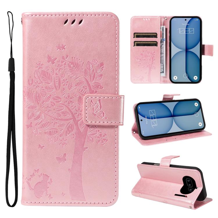 Tree & Cat Embossed Pattern Flip Leather Phone Case, For Nothing Phone 4a Pro, For Nothing Phone 4a