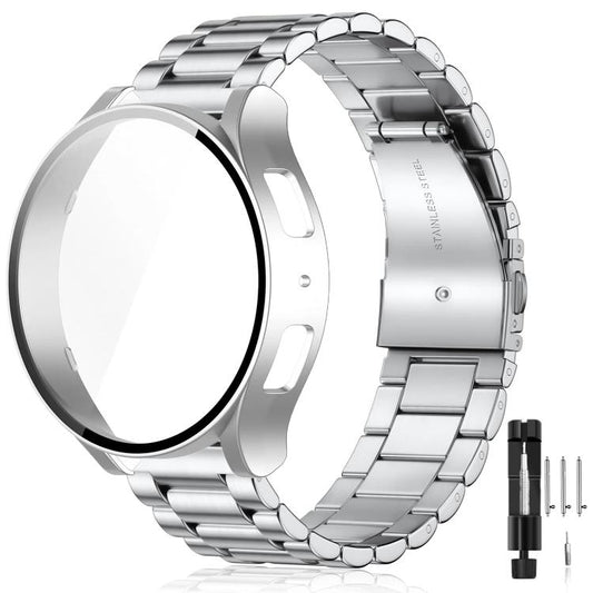Tri-Beads Stainless Steel Watch Band with Film Integrated PC Case and Strap Link Remover Set, For Samsung Galaxy Watch7 44mm, For Samsung Galaxy Watch7 40mm, For Samsung Galaxy Watch6 44mm, For Samsung Galaxy Watch6 40mm, For Samsung Galaxy Watch5 44mm...