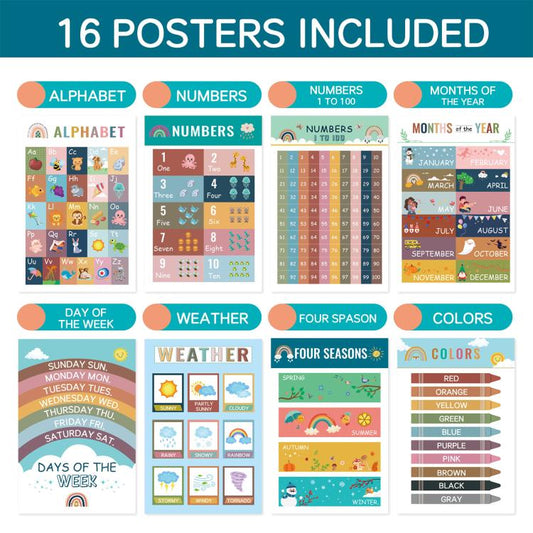 16pcs / Set Children Early Education Bohemian Style English Learning Wall Charts