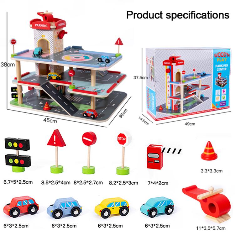 Children Wooden Pretend Play Simulation 3-tier Parking Lot