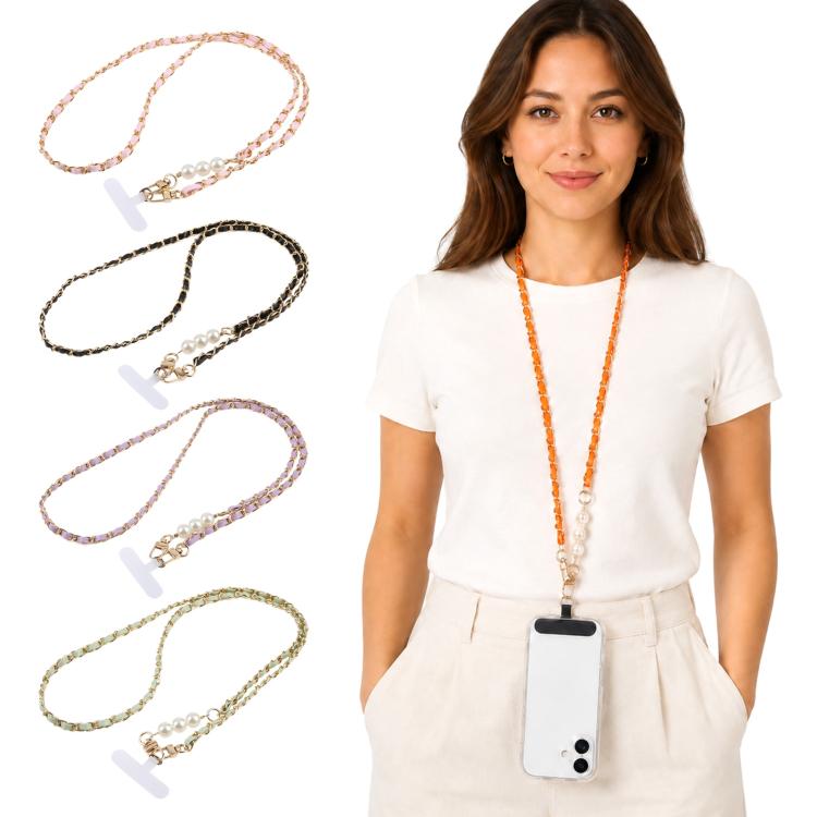 Adjustable Crossbody Phone Lanyard Faux Leather Metal Beads Chain with Tether Pad, 120cm