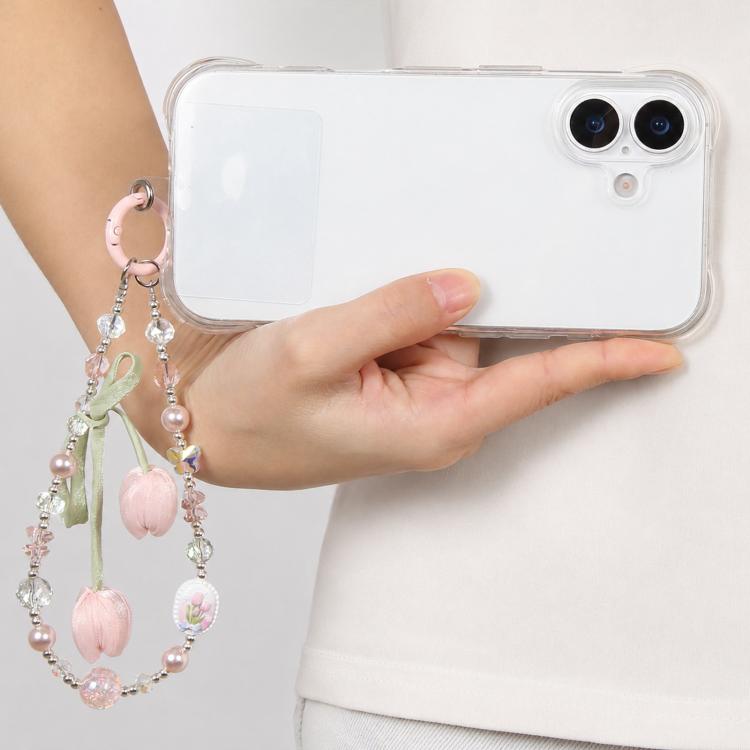 Tulip Flower Beaded Phone Charm Wrist Strap with Tether Pad for Women Girls