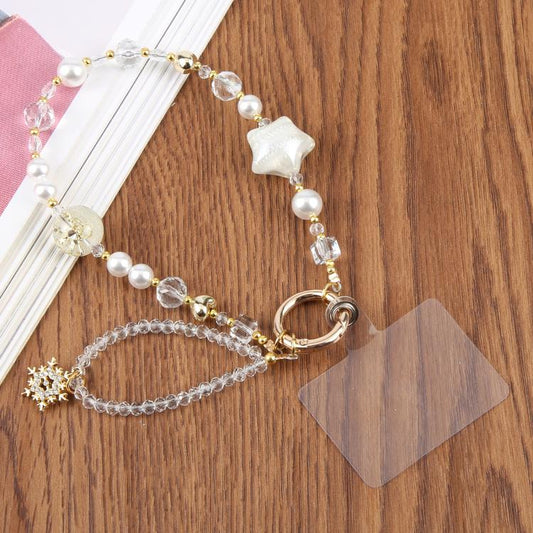 Star Snowflake Beaded Phone Charm Wrist Strap with Tether Pad for Women Girls