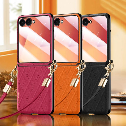 SULADA Elegant Rhombic Texture Folding Phone Case with Lanyard, For Galaxy Z Flip8 5G