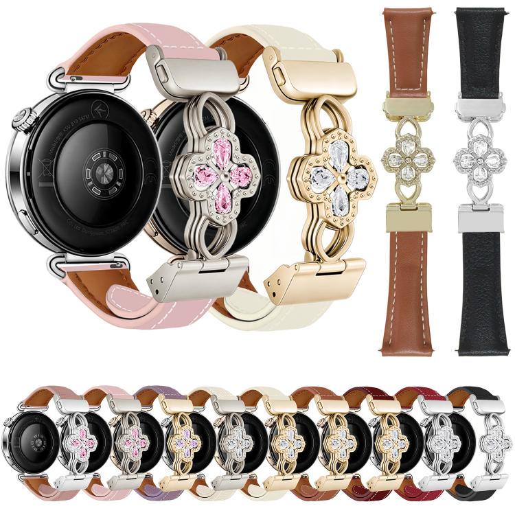 Hollow Zircon Magnetic Clasp Genuine Leather Watch Band, 18mm, 20mm, 22mm