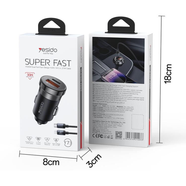 Yesido Y73 30W USB-A Type-C Dual Ports Car Charger with Type-C to 8 Pin Cable, Y73