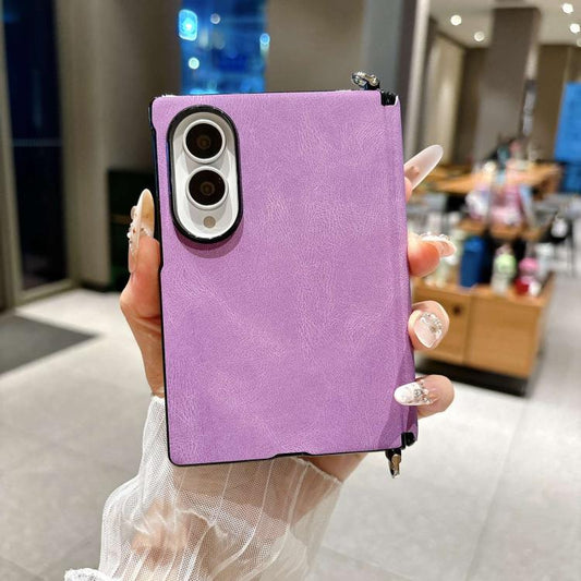 Side Clamp Central Axis Lambskin Leather Phone Case, For Galaxy Z Fold8 5G