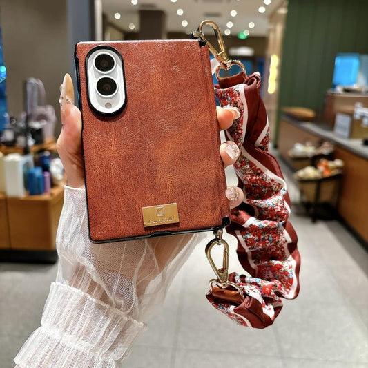 Side Buckle Axis Magnetic Crazy Horse Pattern Nameplate Phone Case With Diy Fabric Chain, For Galaxy Z Fold8 5G