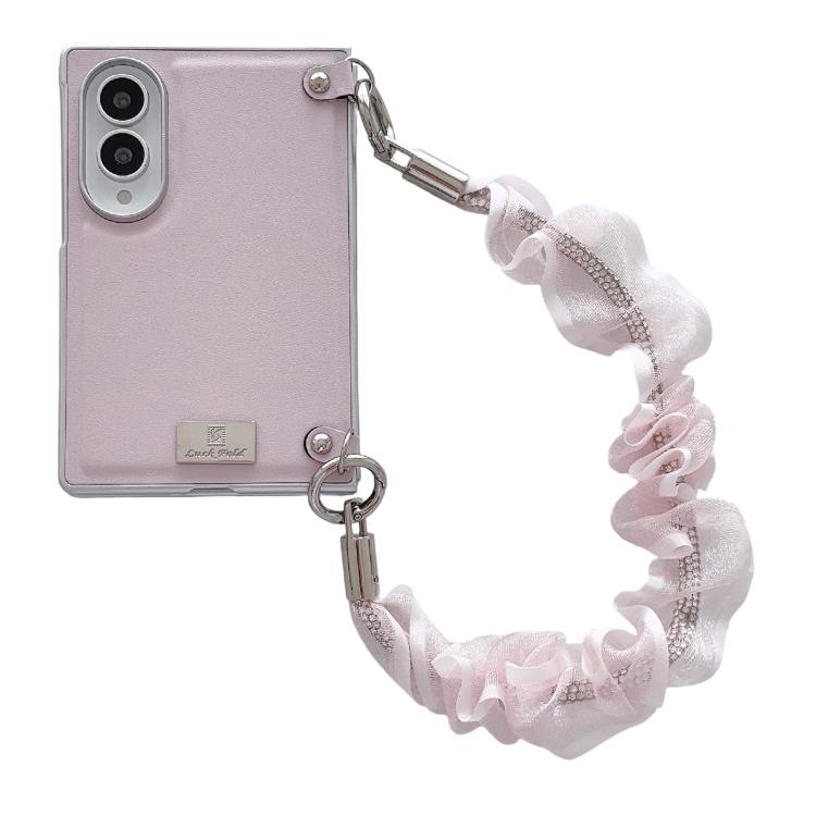 Nameplate Silver Edged Morandi Solid Color Leather Textured Phone Case with Wrist Strap, For Galaxy Z Fold8 5G