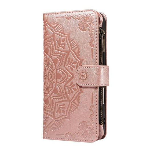Mandala Embossed 9-Card Zipper RFID Vegan Leather Phone Case with Short Lanyard, For Realme 16T 5G, For Realme P4x 5G