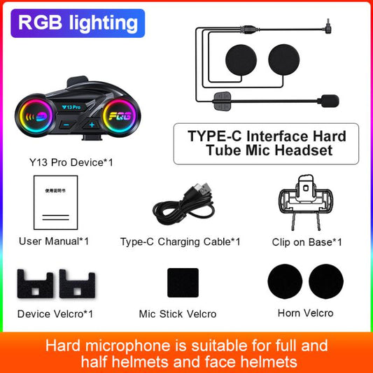Y13 Pro Motorcycle Helmet Bluetooth Intercom Earphone with RGB Lighting, Hard Mic, Soft Mic, Hard + Soft Mic, 2 PCS/Pack Hard + Soft Mic