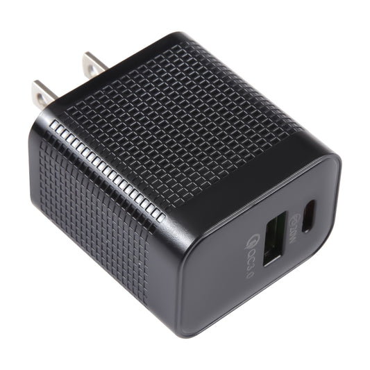 PD 20W USB-C/Type-C+QC 3.0 USB Ports Plaid Pattern Travel Charger, US Plug, US Plug (Black)