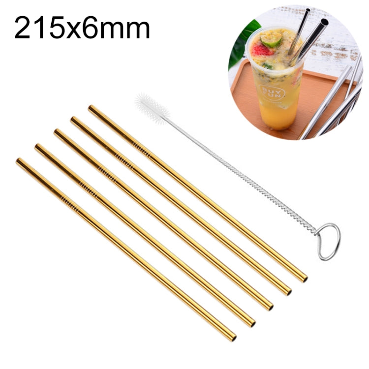 5pcs Reusable Stainless Steel Straight Drinking Straw + Cleaner Brush Set Kit, 215*6mm